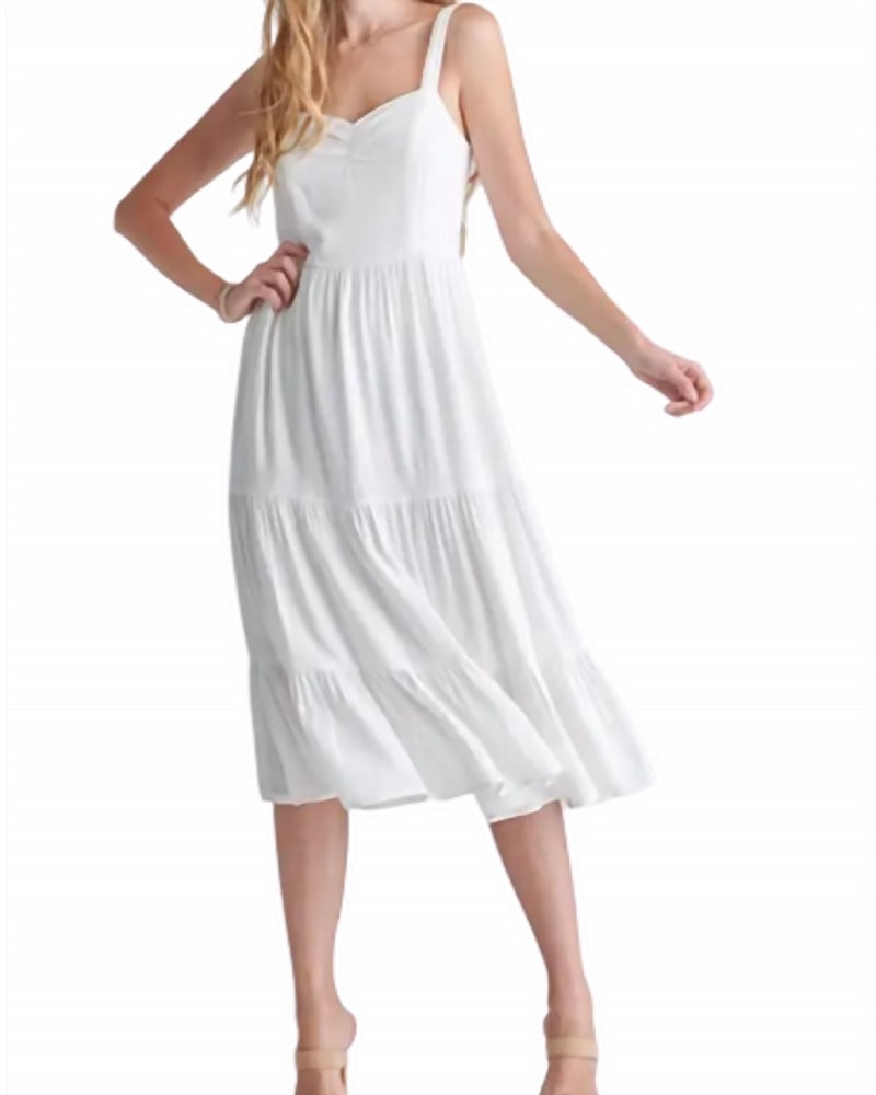 Front of a model wearing a size Large Runaway Midi Dress In White in White by be cool. | dia_product_style_image_id:342423